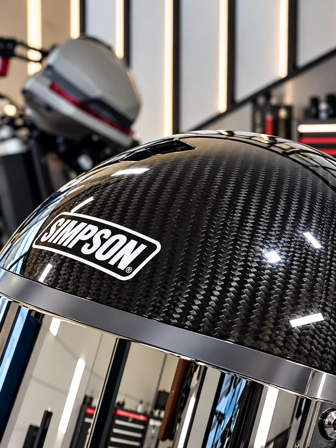 Detail helm Simpson bermotif serat karbon dengan permukaan mengilap