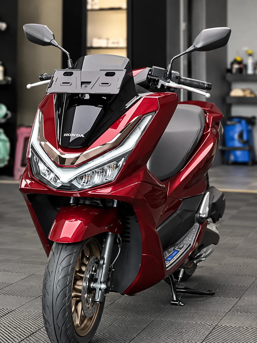 Tampilan Honda PCX merah dengan bodi mengilap di workshop