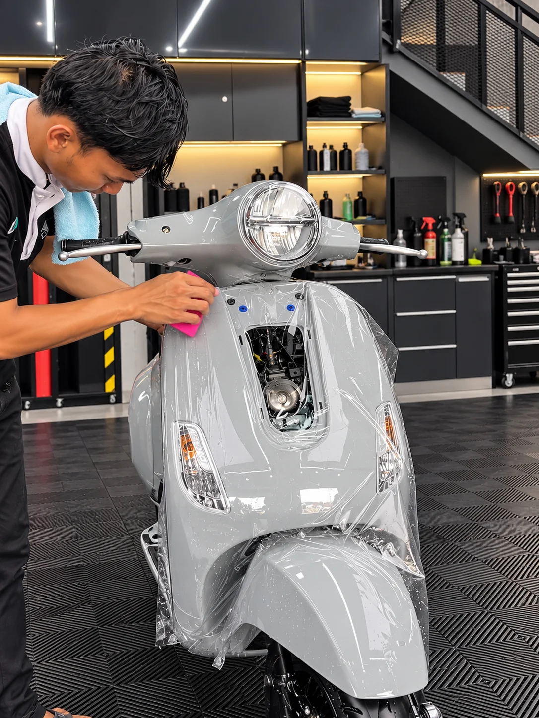 Teknisi meratakan film PPF pada bodi depan Vespa abu-abu